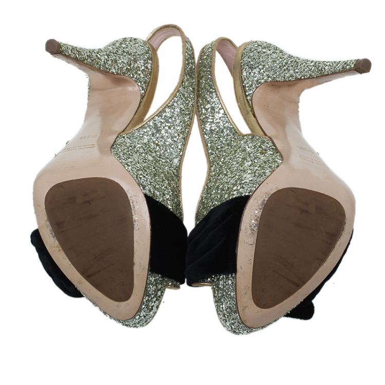 Pre Owned Miu Miu Gold Glitter Velvet Bow Slingback Platform Sandals Size 38.5