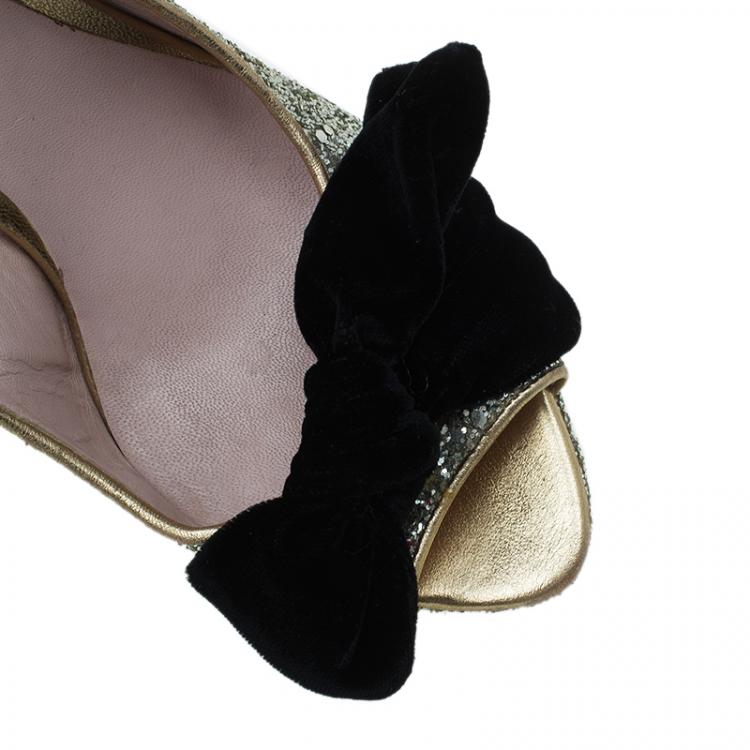 Pre Owned Miu Miu Gold Glitter Velvet Bow Slingback Platform Sandals Size 38.5