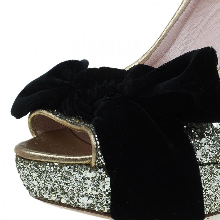 Pre Owned Miu Miu Gold Glitter Velvet Bow Slingback Platform Sandals Size 38.5