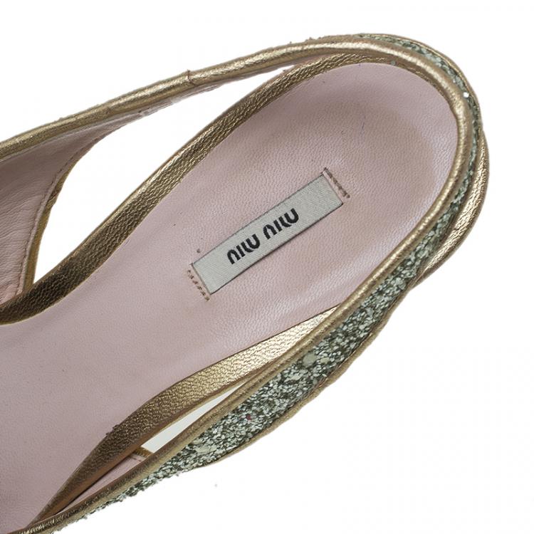 Pre Owned Miu Miu Gold Glitter Velvet Bow Slingback Platform Sandals Size 38.5