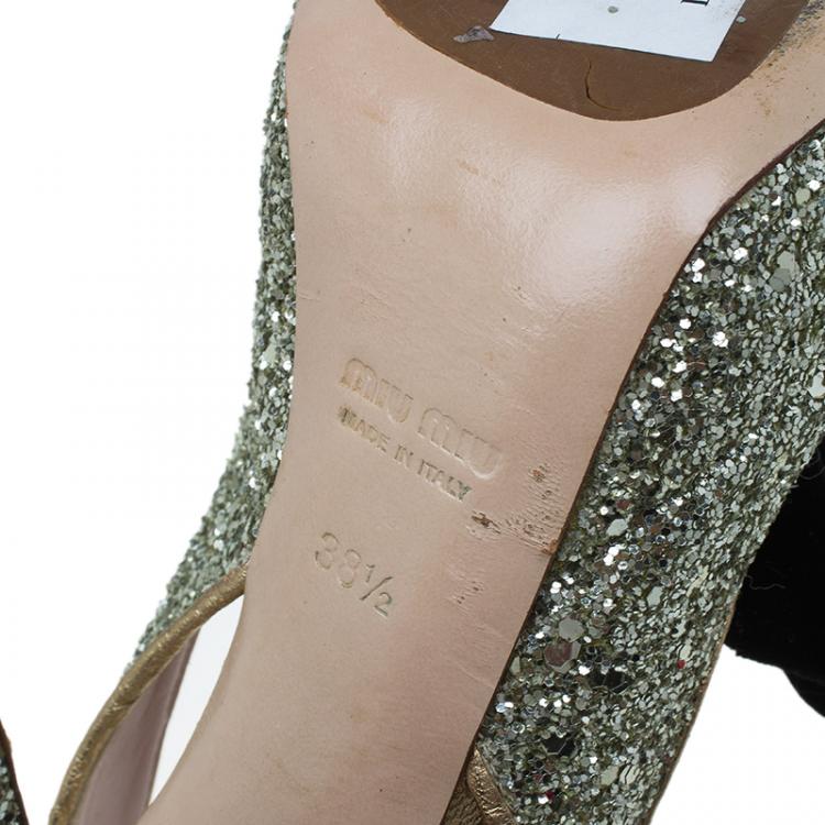 Pre Owned Miu Miu Gold Glitter Velvet Bow Slingback Platform Sandals Size 38.5