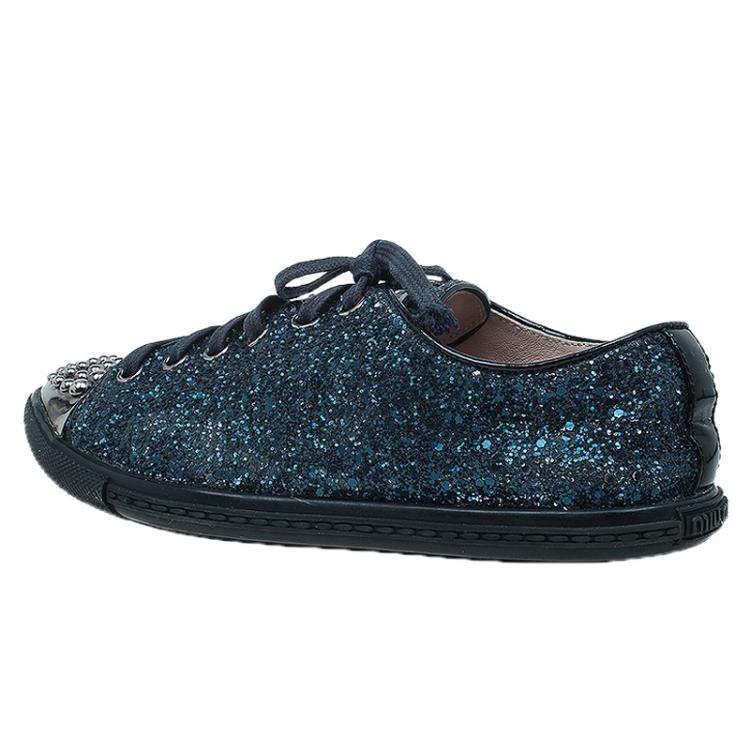 Pre Owned Miu Miu Navy Blue Glitter Studded Lace Up Sneakers Size 35
