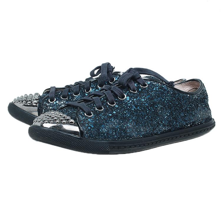 Pre Owned Miu Miu Navy Blue Glitter Studded Lace Up Sneakers Size 35