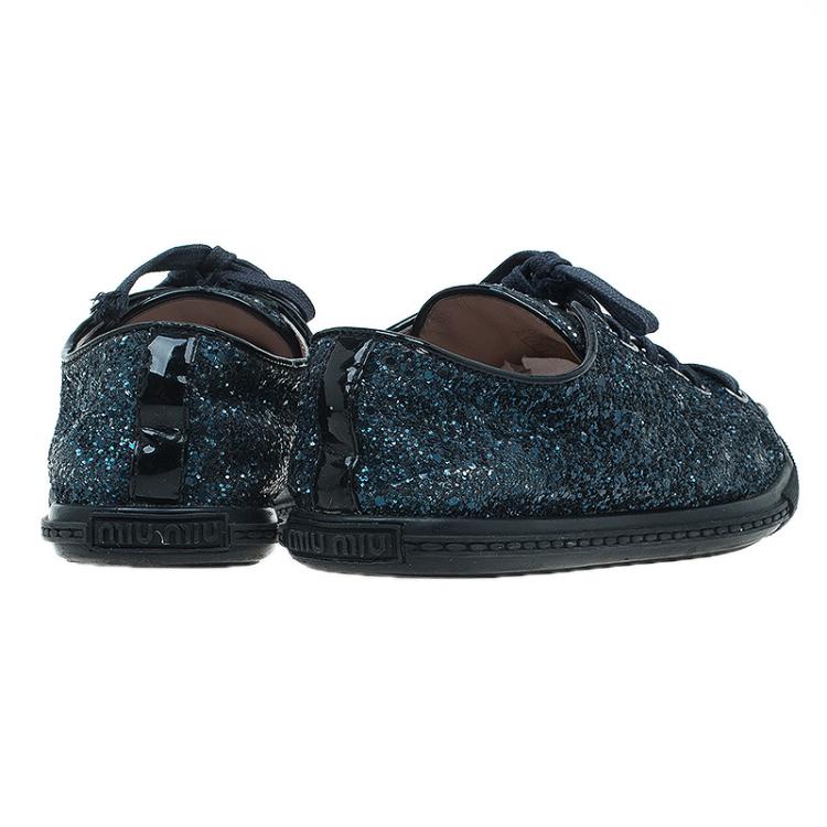 Pre Owned Miu Miu Navy Blue Glitter Studded Lace Up Sneakers Size 35