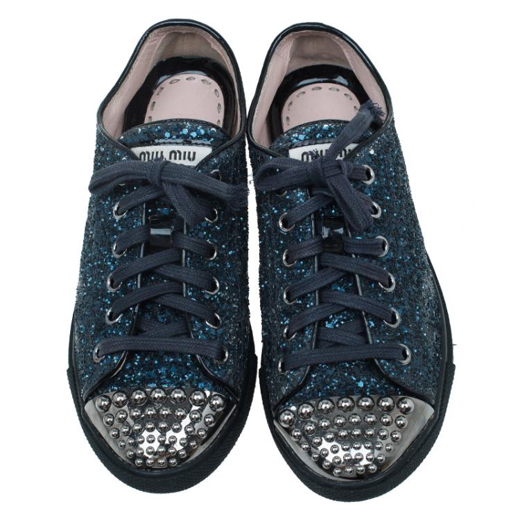 Pre Owned Miu Miu Navy Blue Glitter Studded Lace Up Sneakers Size 35