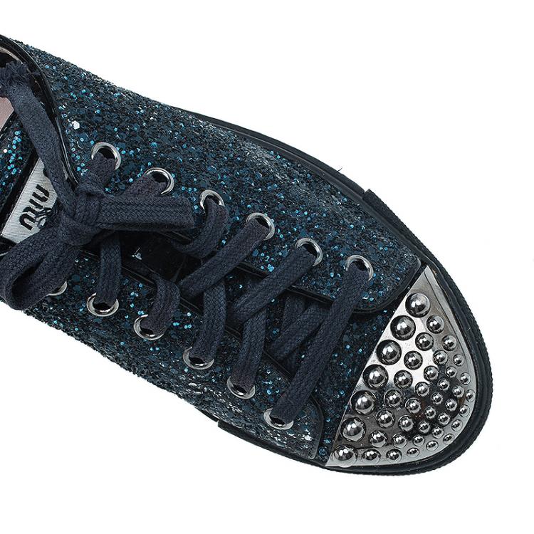 Pre Owned Miu Miu Navy Blue Glitter Studded Lace Up Sneakers Size 35