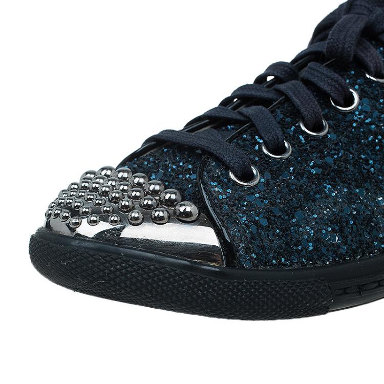 Pre Owned Miu Miu Navy Blue Glitter Studded Lace Up Sneakers Size 35