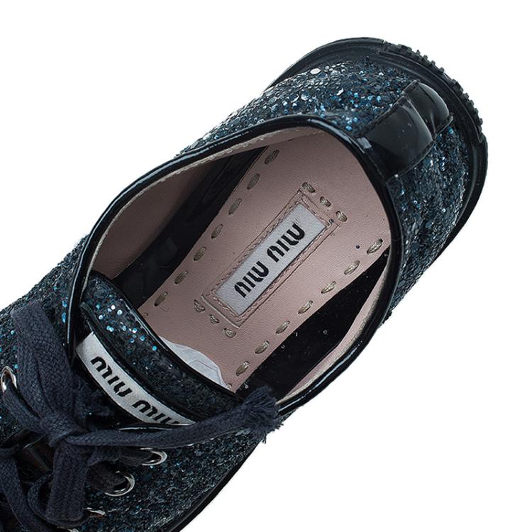 Pre Owned Miu Miu Navy Blue Glitter Studded Lace Up Sneakers Size 35