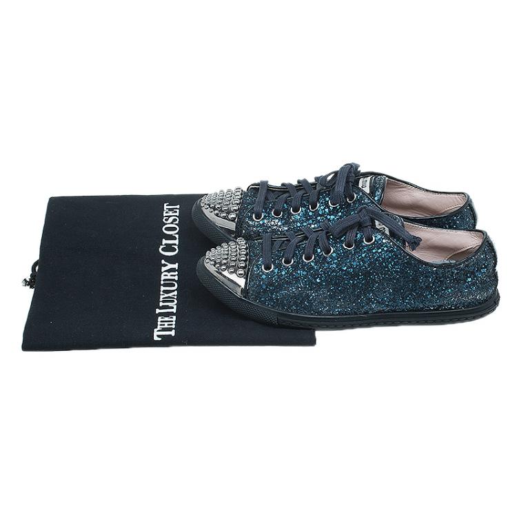 Pre Owned Miu Miu Navy Blue Glitter Studded Lace Up Sneakers Size 35