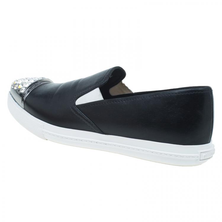 Pre Owned Miu Miu Black Embellished Leather Pointed Toe Slip On Sneakers Size 38.5