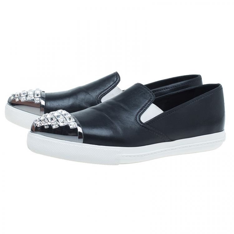 Pre Owned Miu Miu Black Embellished Leather Pointed Toe Slip On Sneakers Size 38.5