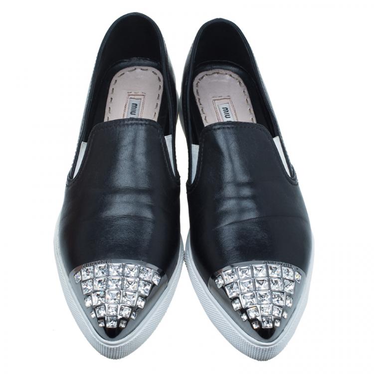 Pre Owned Miu Miu Black Embellished Leather Pointed Toe Slip On Sneakers Size 38.5