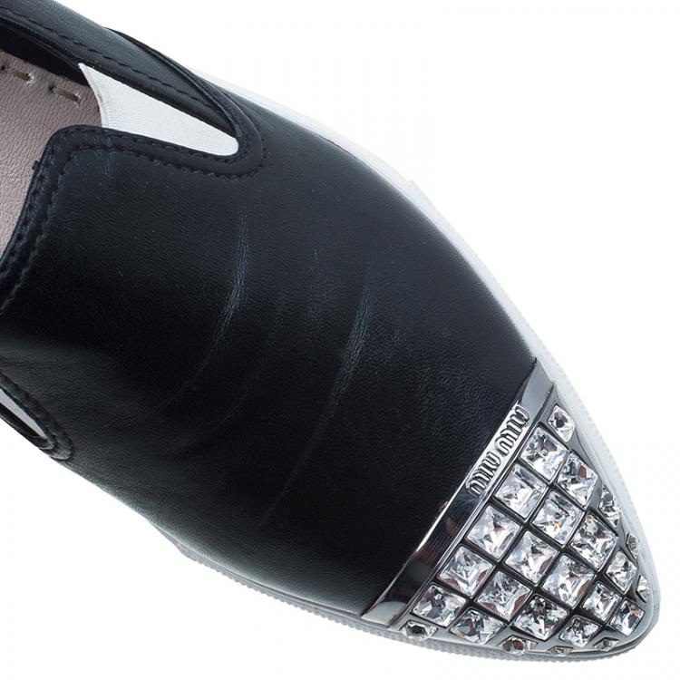 Pre Owned Miu Miu Black Embellished Leather Pointed Toe Slip On Sneakers Size 38.5