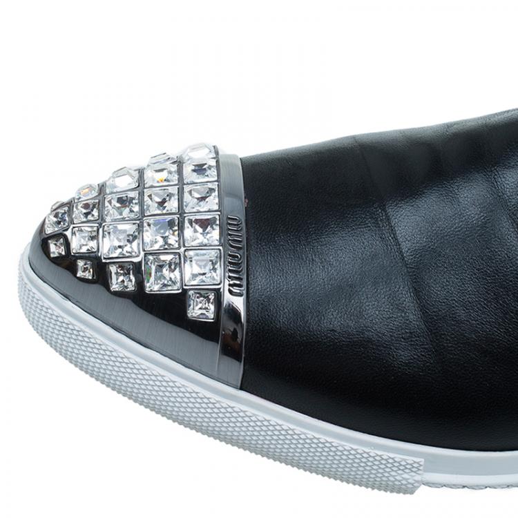 Pre Owned Miu Miu Black Embellished Leather Pointed Toe Slip On Sneakers Size 38.5
