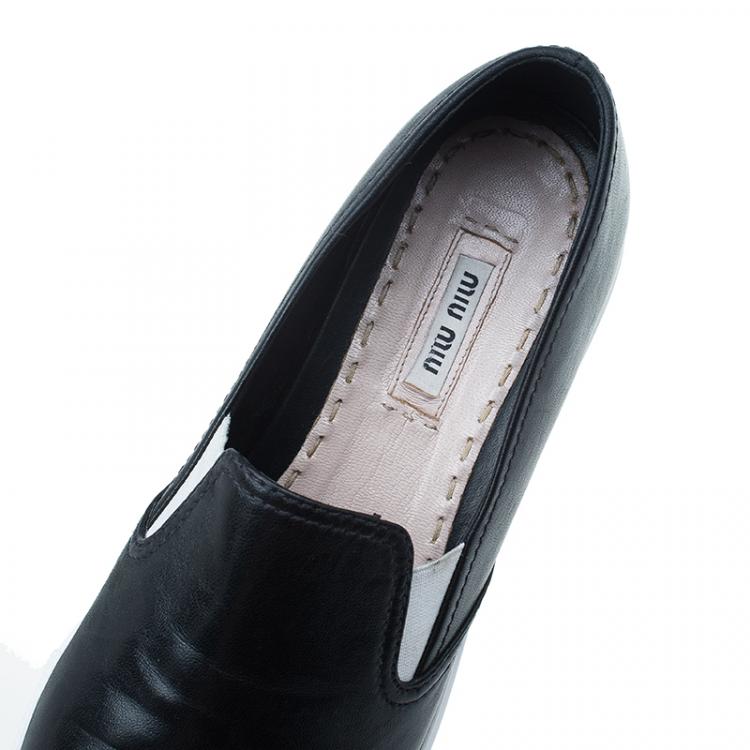 Pre Owned Miu Miu Black Embellished Leather Pointed Toe Slip On Sneakers Size 38.5