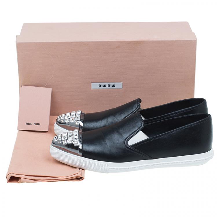 Pre Owned Miu Miu Black Embellished Leather Pointed Toe Slip On Sneakers Size 38.5