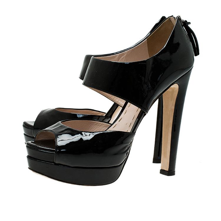 Pre Owned Miu Miu Black Patent Peep Toe Back Zip Platform Pumps Size 39