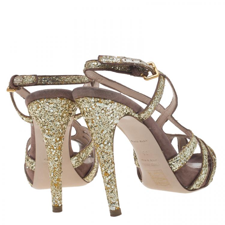 Pre Owned Miu Miu Gold Glitter and Brown Suede Cut Out Platform Sandals Size 35