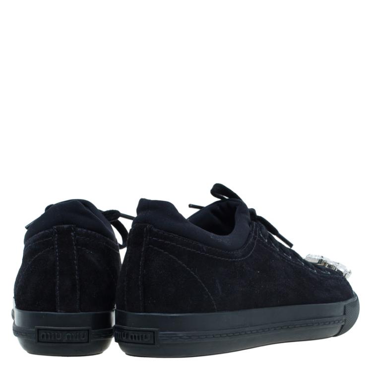 مملوكة مسبقًا Miu Miu Black Suede Crystal Cap Toe Suede Sneakers Size 39