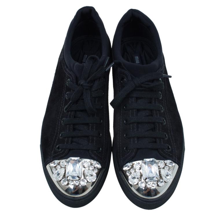 مملوكة مسبقًا Miu Miu Black Suede Crystal Cap Toe Suede Sneakers Size 39