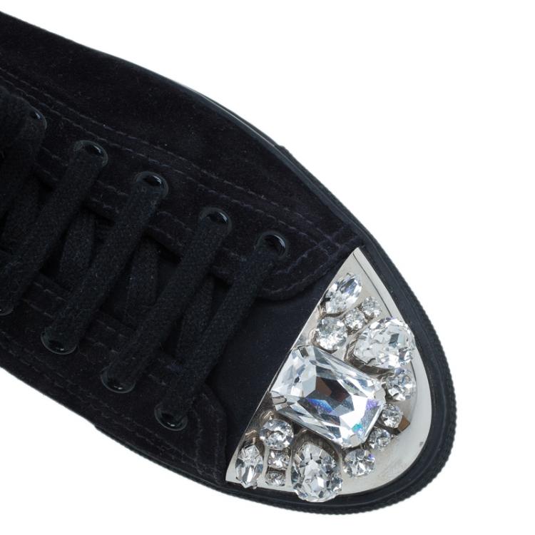 مملوكة مسبقًا Miu Miu Black Suede Crystal Cap Toe Suede Sneakers Size 39