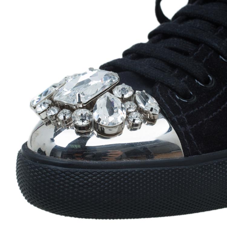 مملوكة مسبقًا Miu Miu Black Suede Crystal Cap Toe Suede Sneakers Size 39