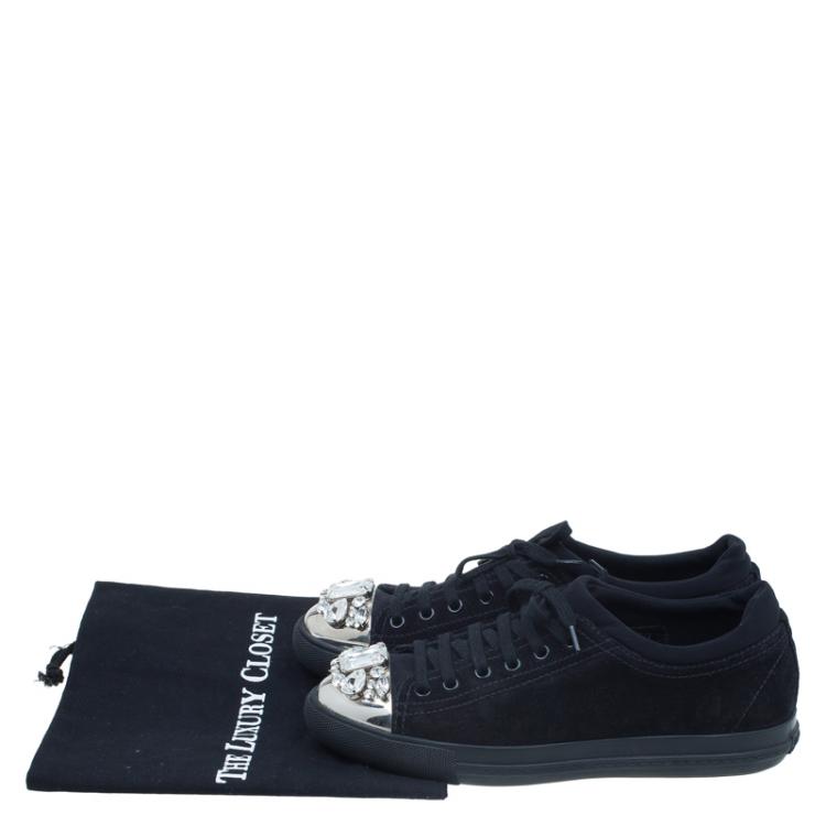 مملوكة مسبقًا Miu Miu Black Suede Crystal Cap Toe Suede Sneakers Size 39
