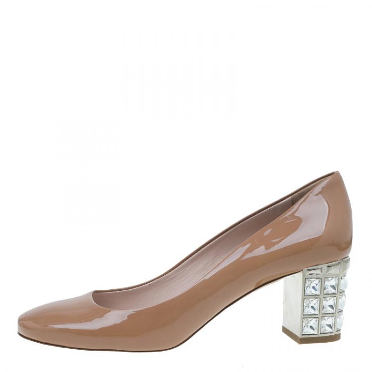 Pre Owned Miu Miu Brown Patent Jeweled Block Heel Pumps Size 39.5