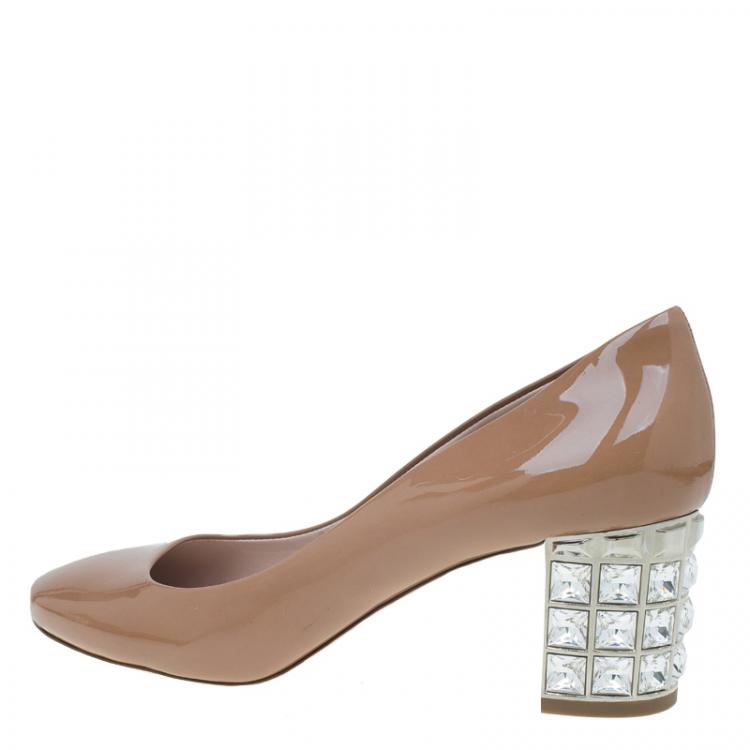 Pre Owned Miu Miu Brown Patent Jeweled Block Heel Pumps Size 39.5
