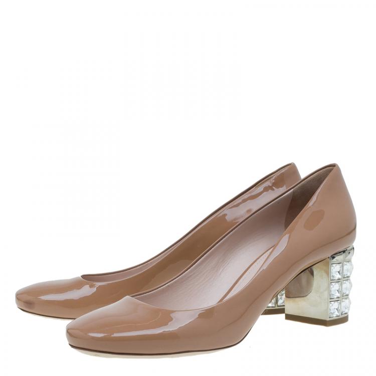 Pre Owned Miu Miu Brown Patent Jeweled Block Heel Pumps Size 39.5