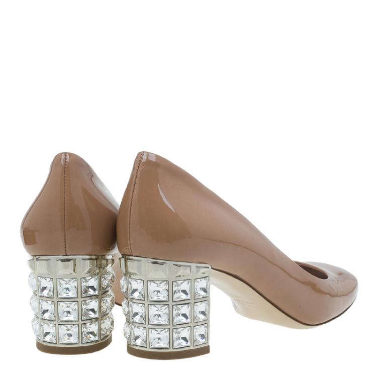 Pre Owned Miu Miu Brown Patent Jeweled Block Heel Pumps Size 39.5