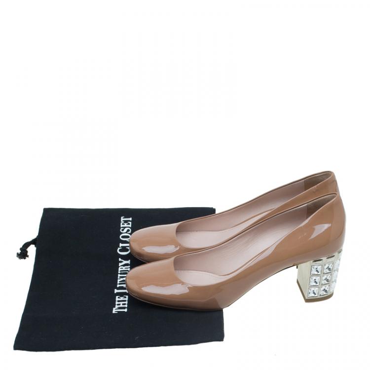 Pre Owned Miu Miu Brown Patent Jeweled Block Heel Pumps Size 39.5