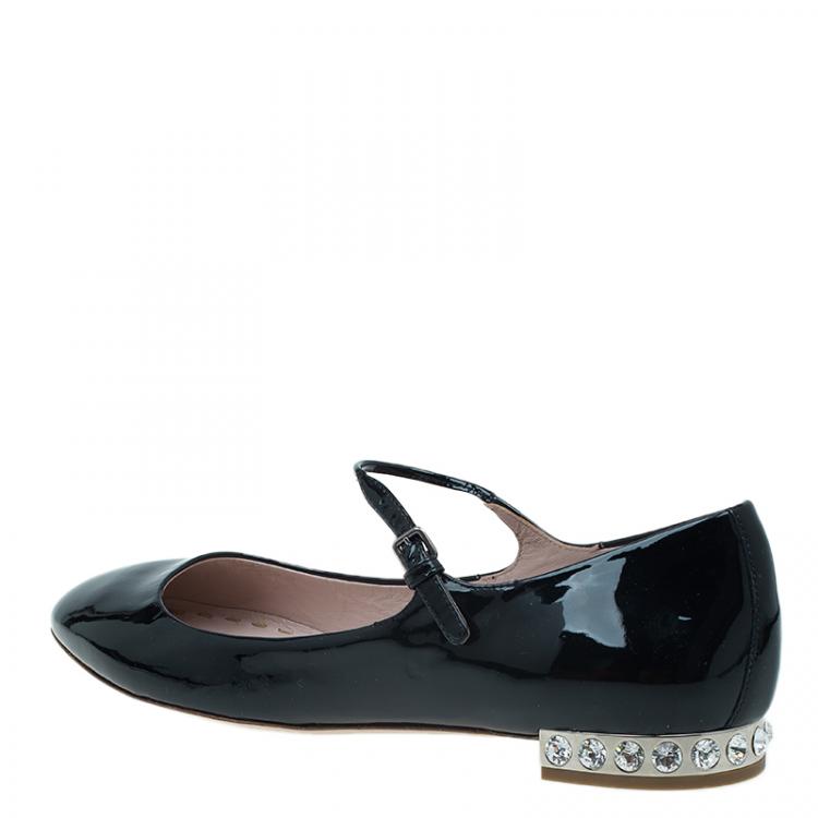Pre Owned Miu Miu Black Patent Jeweled Mary Jane Ballet Flats Size 39.5