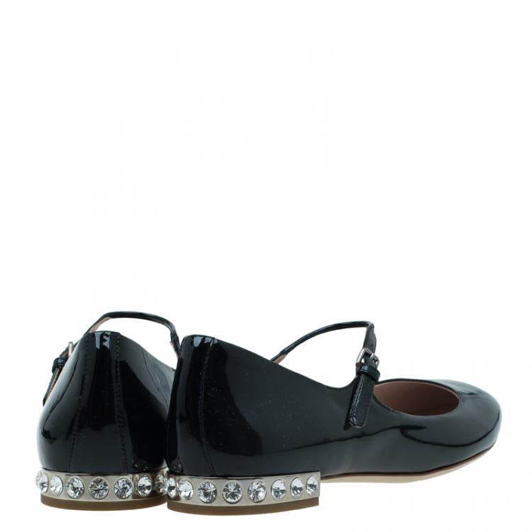 Pre Owned Miu Miu Black Patent Jeweled Mary Jane Ballet Flats Size 39.5