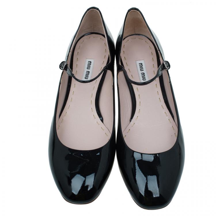 Pre Owned Miu Miu Black Patent Jeweled Mary Jane Ballet Flats Size 39.5