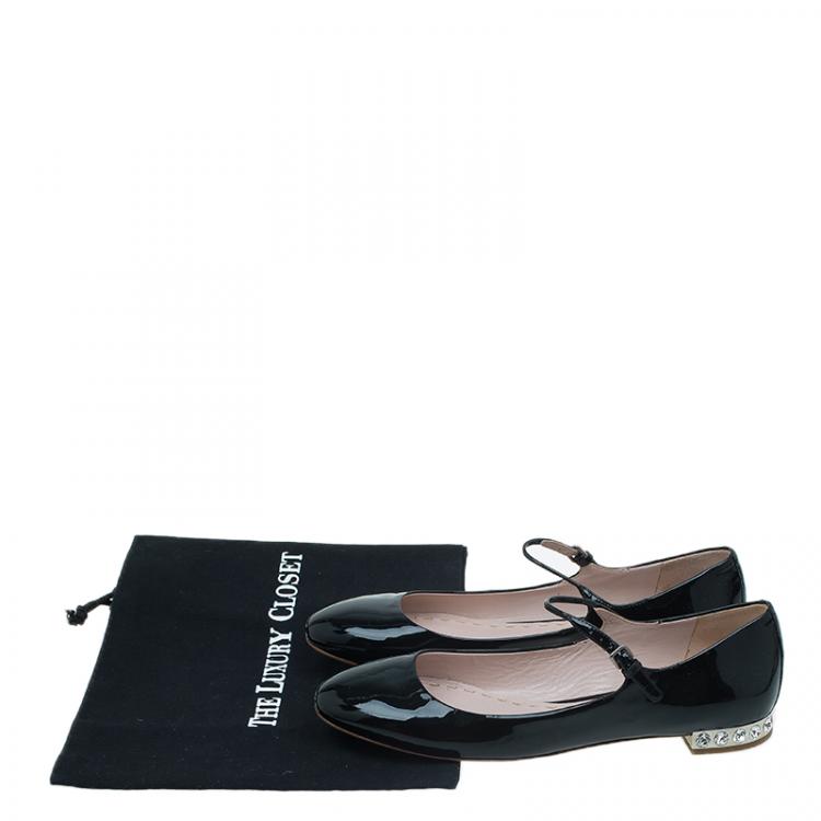 Pre Owned Miu Miu Black Patent Jeweled Mary Jane Ballet Flats Size 39.5