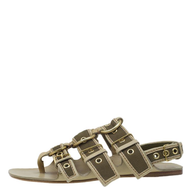 Pre Owned Miu Miu Beige Leather and Green Canvas Triple Buckle Flat Sandals Size 39 