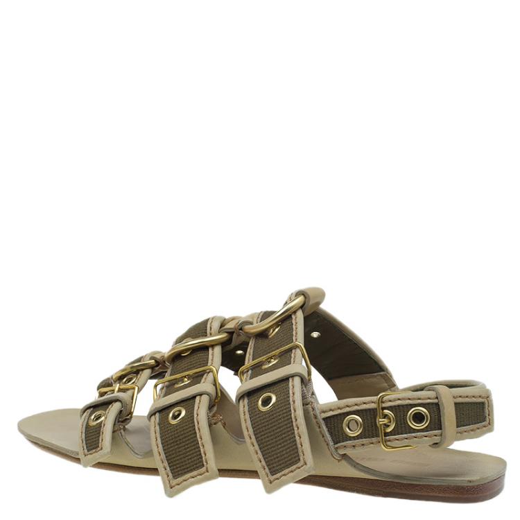 Pre Owned Miu Miu Beige Leather and Green Canvas Triple Buckle Flat Sandals Size 39 