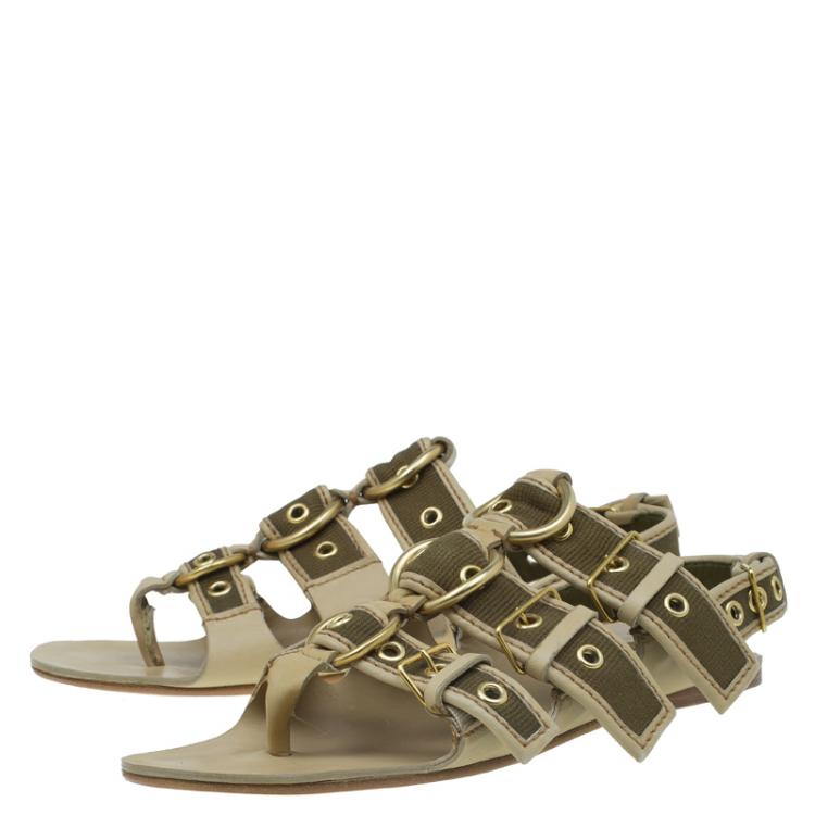 Pre Owned Miu Miu Beige Leather and Green Canvas Triple Buckle Flat Sandals Size 39 