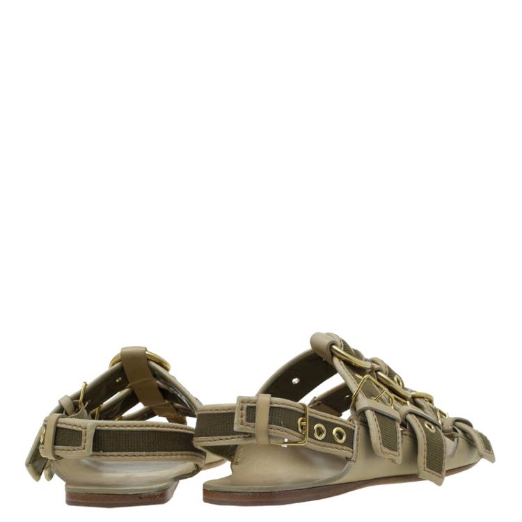 Pre Owned Miu Miu Beige Leather and Green Canvas Triple Buckle Flat Sandals Size 39 