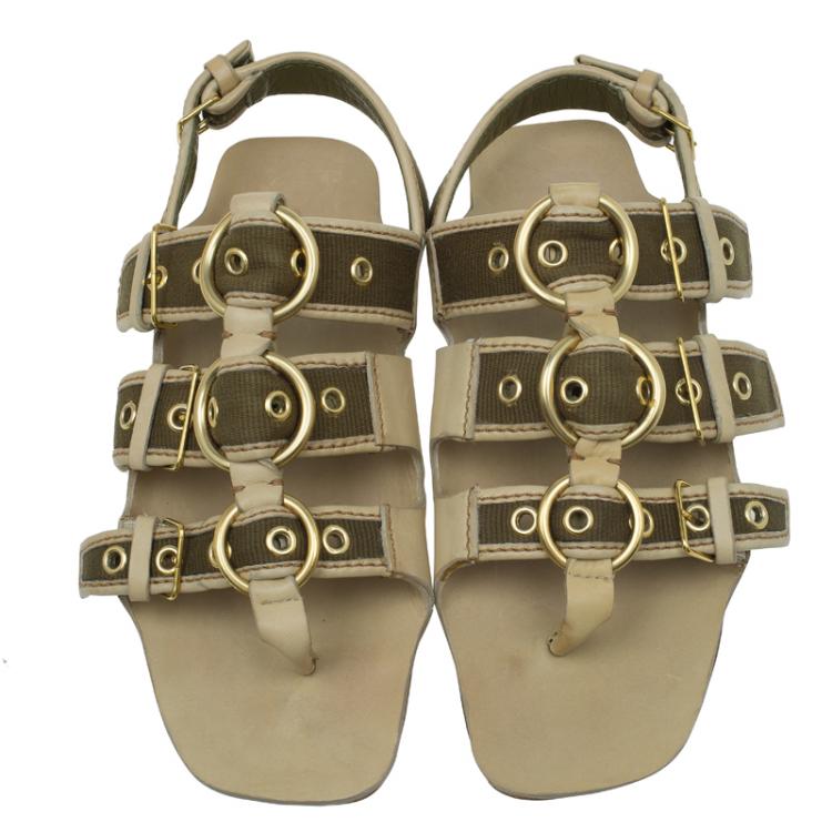 Pre Owned Miu Miu Beige Leather and Green Canvas Triple Buckle Flat Sandals Size 39 