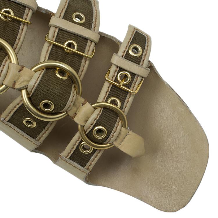 Pre Owned Miu Miu Beige Leather and Green Canvas Triple Buckle Flat Sandals Size 39 