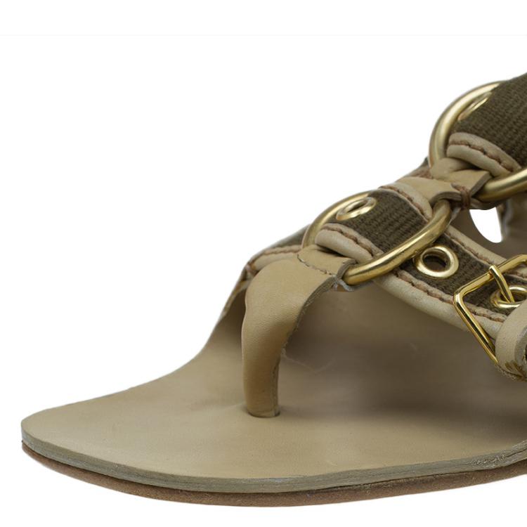 Pre Owned Miu Miu Beige Leather and Green Canvas Triple Buckle Flat Sandals Size 39 