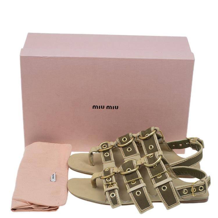 Pre Owned Miu Miu Beige Leather and Green Canvas Triple Buckle Flat Sandals Size 39 