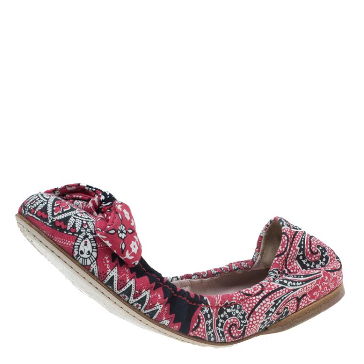 Pre Owned Miu Miu Red Floral Print Fabric Bow Ballet Flats Size 39