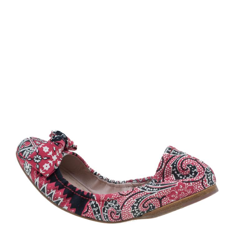 Pre Owned Miu Miu Red Floral Print Fabric Bow Ballet Flats Size 39