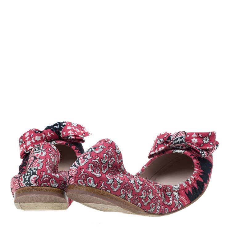 Pre Owned Miu Miu Red Floral Print Fabric Bow Ballet Flats Size 39