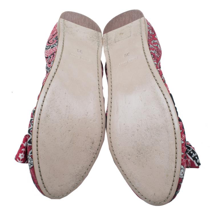 Pre Owned Miu Miu Red Floral Print Fabric Bow Ballet Flats Size 39