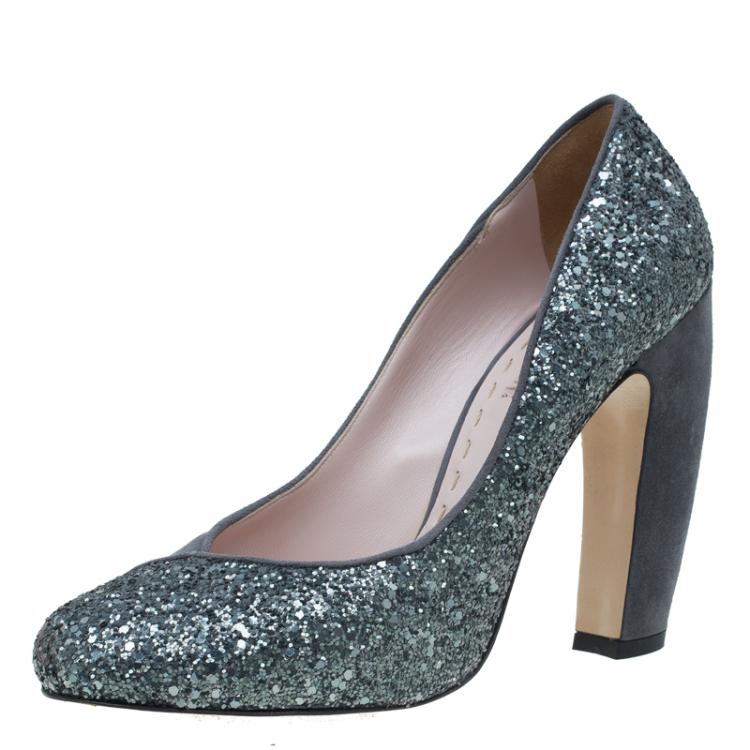 Pre Owned Miu Miu Grey Suede and Glitter Block Heel Pumps Size 39