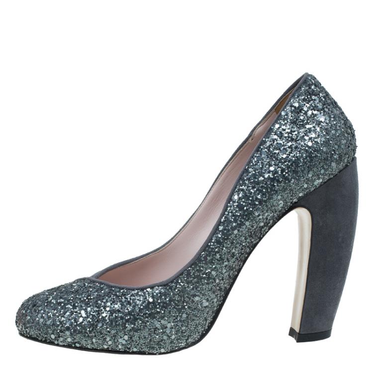 Pre Owned Miu Miu Grey Suede and Glitter Block Heel Pumps Size 39